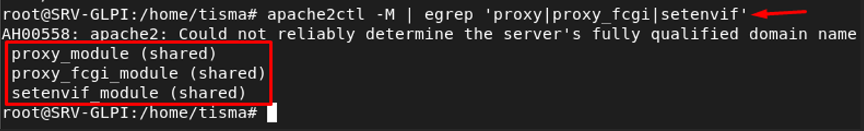 Modules proxy, proxy_fcgi et setenvif activés dans Apache